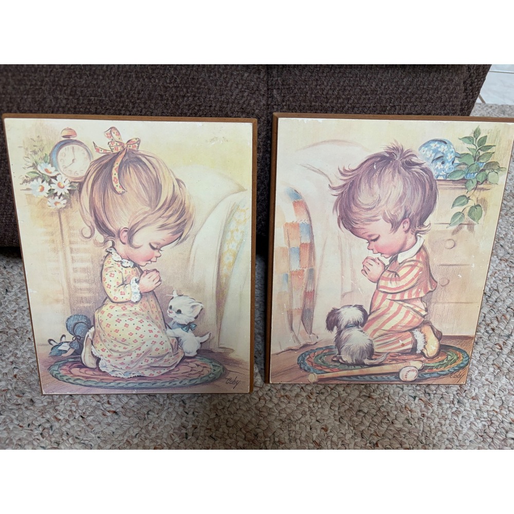 Vtg Coby Wooden Wall Plaques Boy Girl Praying Kitten Puppy Mid Century Art 2pc